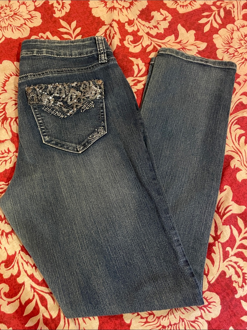 Straight Leg Women's Dark Blue Jeans with Sequin Pocket Detail